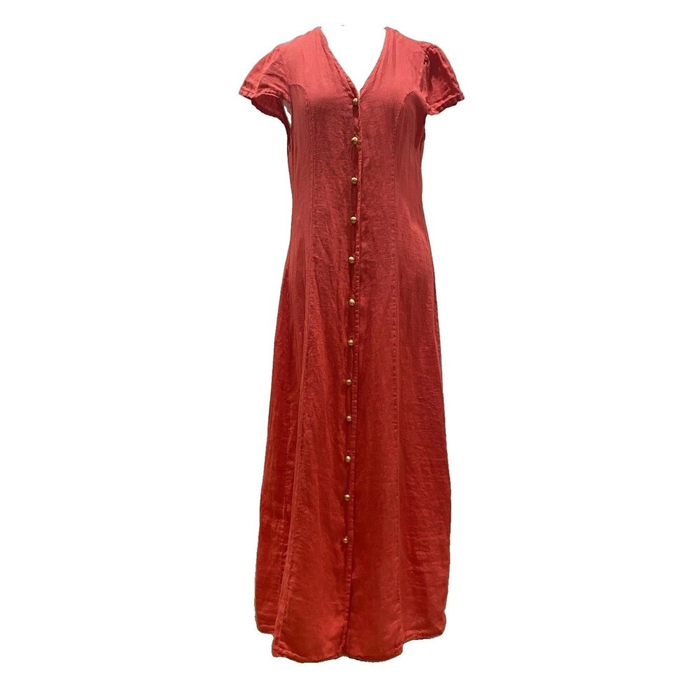 Lungo L'Arno Italy Linen Maxi Dress Sz L Resort Cap Sleeve Boho Quiet Luxury